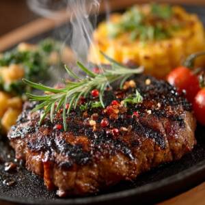 A sizzling steak, cooked on a home kitchen set-up